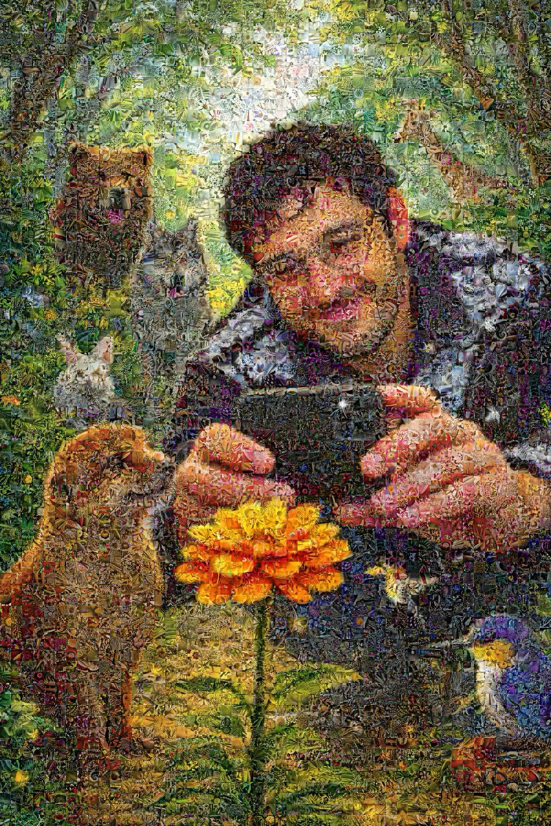 A portrait of Zach Lee photographing a flower, assembled as a mosaic from his own flower photographs.
